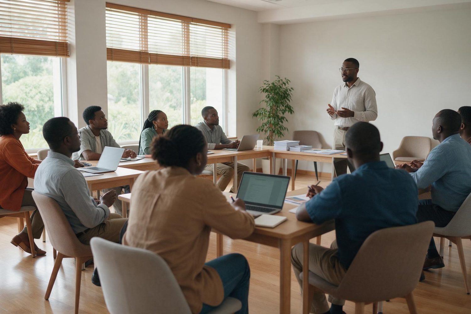 Facilitator leading a capacity-development workshop with African professionals in a training room