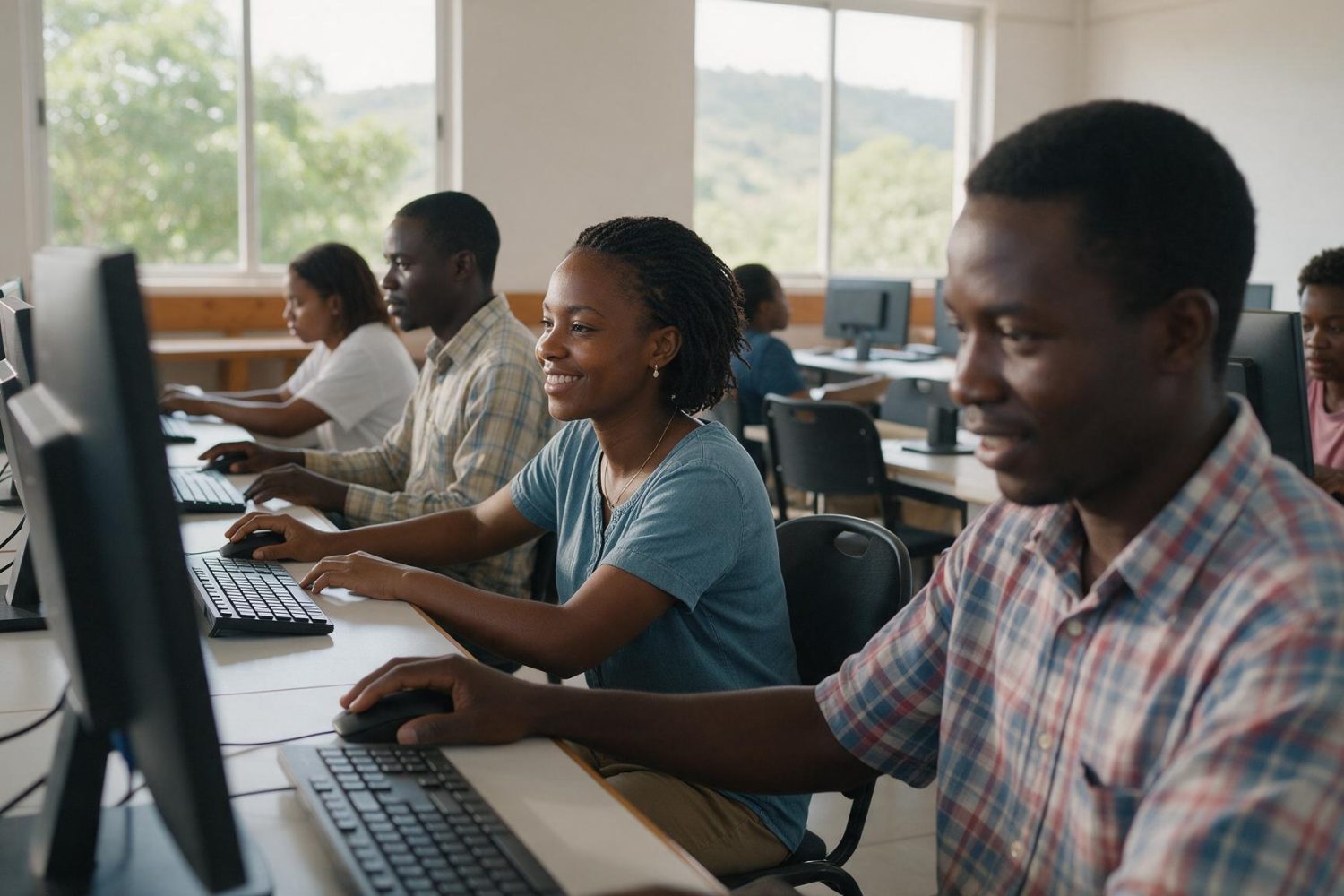 African learners working at computers in a learning centre computer lab